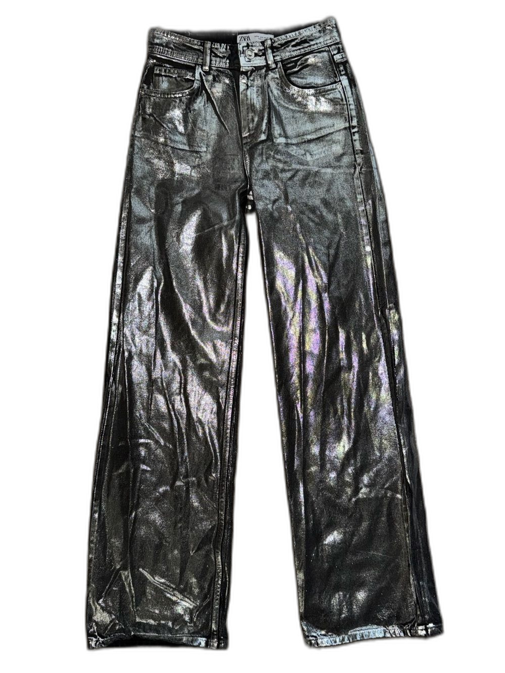 Zara Silver Coated Wide Leg Jeans Size 0